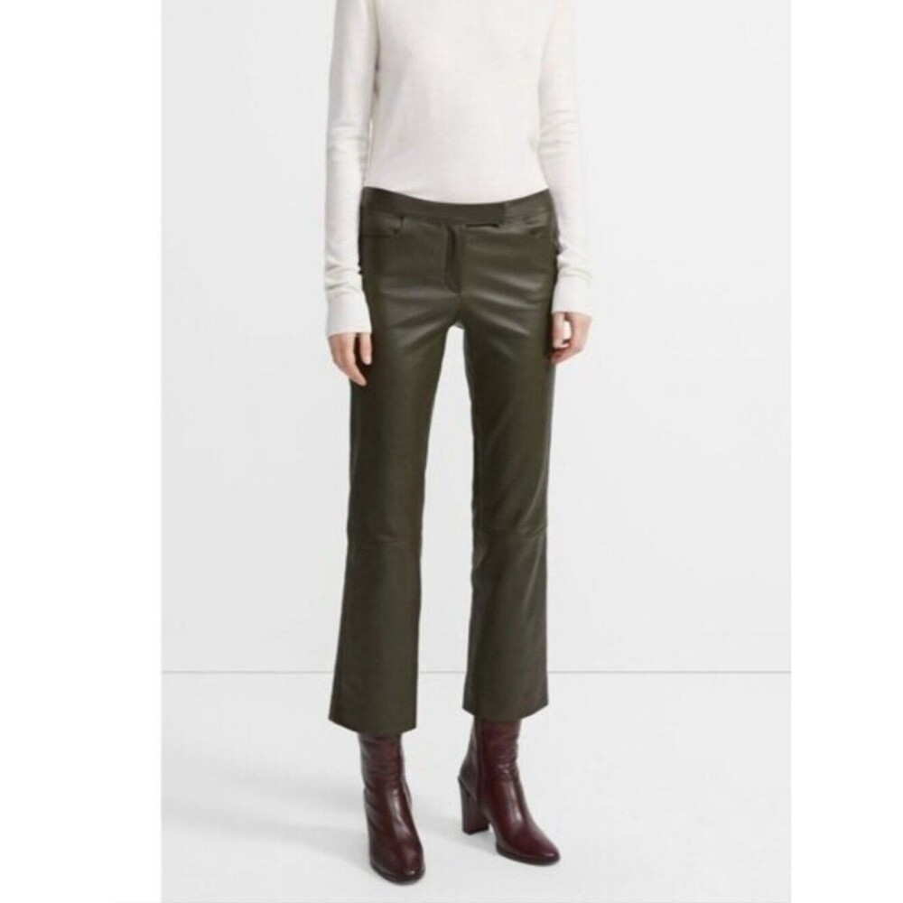 Theory Dark Green Minimalist Bristol Crop Kick Flare Leather Pants Size 8